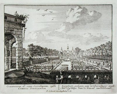 Het huis en de tuin in Sorgvliet, zetel van Hans Willem Bentinck (1649-1709), 1e Graaf van Portland, uit Admirandorum Quadruplex Spectaculum, door Jan van Call (1656-1703), gepubliceerd voor 1715 door Pieter Schenk